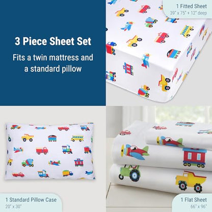 Wildkin Twin Sheet Set – Soft Microfiber, Fitted & Top Sheet, Pillowcase - Trains, Planes, and Trucks - color: Trains, Planes, and Trucks