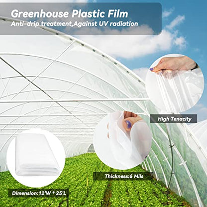 Greenhouse Plastic Sheeting 12' x 25' 6 Mil, Clear UV Resistant Heavy Duty Polyethylene Film, Thick Greenhouse Cover for Garden, Farm, Agriculture - size: 12x25 FT