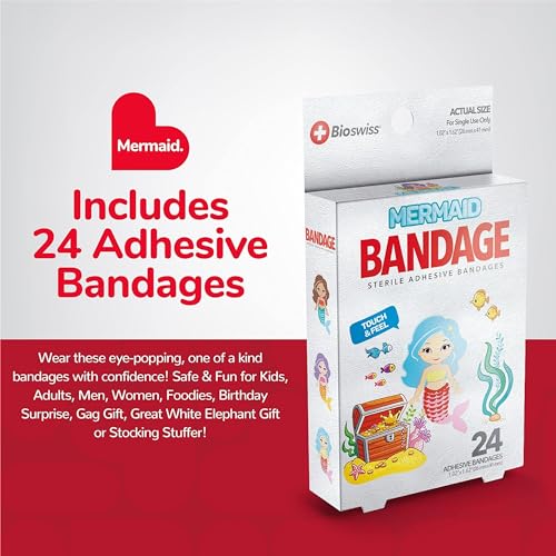 BioSwiss Bandages, Mermaid Shaped Self Adhesive Bandage Set, Latex Free, Sterile Wound Care, 24 Count - color: Mermaid, size: 24-Count Box