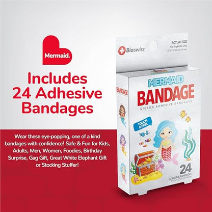 BioSwiss Bandages, Mermaid Shaped Self Adhesive Bandage Set, Latex Free, Sterile Wound Care, 24 Count - color: Mermaid, size: 24-Count Box