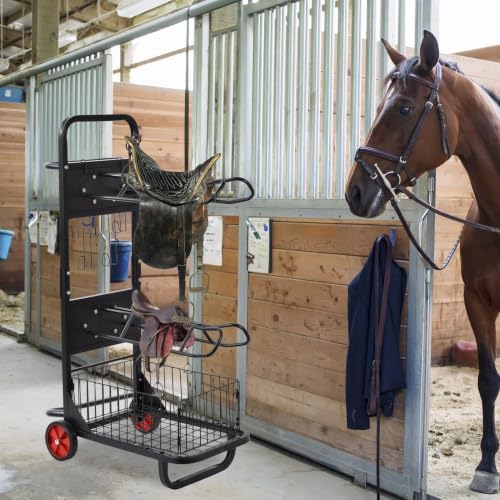 Rolling Saddle Rack Horse Tack Cart 3 Tier, Heavy Duty Steel Stable Storage Cart with Wheels, Portable Horse Equipment Organizer for Tack Room Trailer Indoor Outdoor