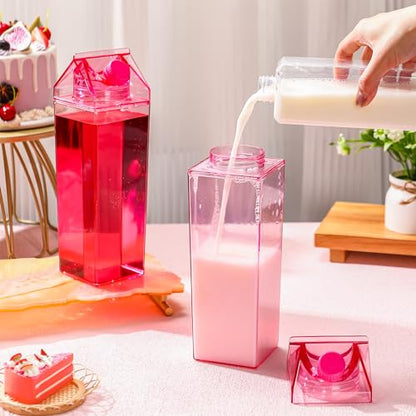 Remerry 3 Pcs Milk Carton Water Bottle Square Plastic Coffee Portable Reusable Milk Carton Cup Leakproof Juice Bottle - color: Pink, size: 34 oz