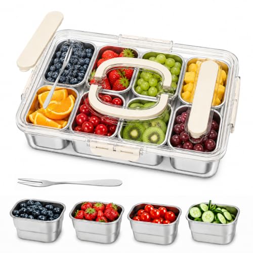 Ankou Snackle Box Container, Stainless Steel Divided Serving Tray with Lid, Handle and Forks - color: 8 pack