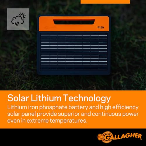 Gallagher S120 Lithium Solar Fence Charger | 1.2 Joule Energizer Powers Up to 35 Miles or 120 Acres | Solar Lithium Iron Phosphate Battery | Adaptive Power Control | Portable and Weather Resistant