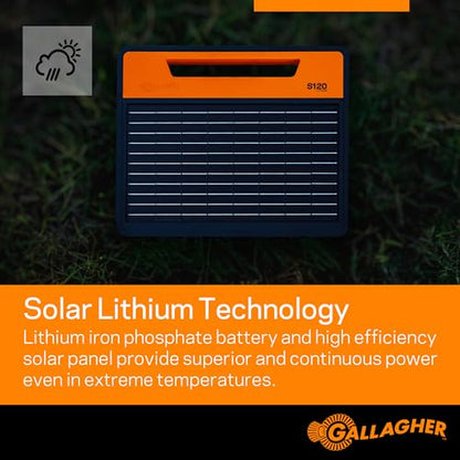 Gallagher S120 Lithium Solar Fence Charger | 1.2 Joule Energizer Powers Up to 35 Miles or 120 Acres | Solar Lithium Iron Phosphate Battery | Adaptive Power Control | Portable and Weather Resistant