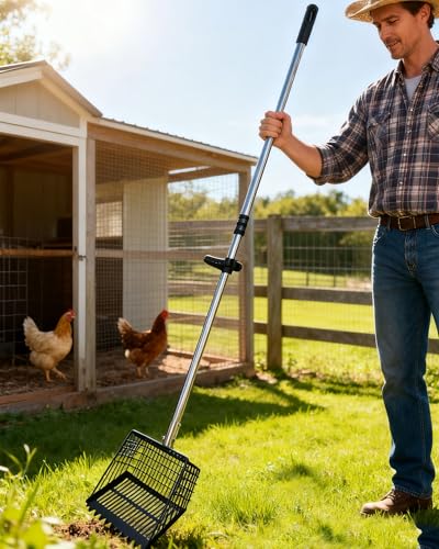 Chicken Poop Scooper & Rake 2-in-1, Adjustable 35"-65" Stainless Steel Handle, Heavy Duty Metal Black Shovel Head for Chicken Coop Cleaning, Pet Waste, Cat Litter Sifting