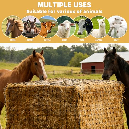 6×6FT Large Square Knotless Hay Net, Thickened Durable Slow Feed Feeder for Horses, Cattle & Sheep, 2 Inch Mesh, Fits 4×4–6×6FT Round Hay Bales & 3×3×8–4×4×8FT Square Hay Bales