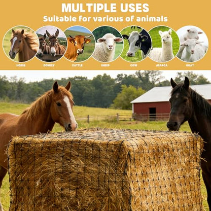 6×6FT Large Square Knotless Hay Net, Thickened Durable Slow Feed Feeder for Horses, Cattle & Sheep, 2 Inch Mesh, Fits 4×4–6×6FT Round Hay Bales & 3×3×8–4×4×8FT Square Hay Bales
