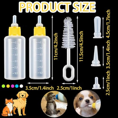 60ml Newborn Pet Feeding Bottle Kit | Puppy Kitten Nursing Bottles with 10 Silicone Nipples, Cleaning Brushes & Nipple Puncher | Anti-Choke Milk Feeder for Small Animals