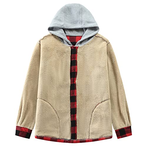 Men's Cotton Plaid Shirt Jacket Fleece Flannel Sherpa Button Down - color: Red Black, size: Large