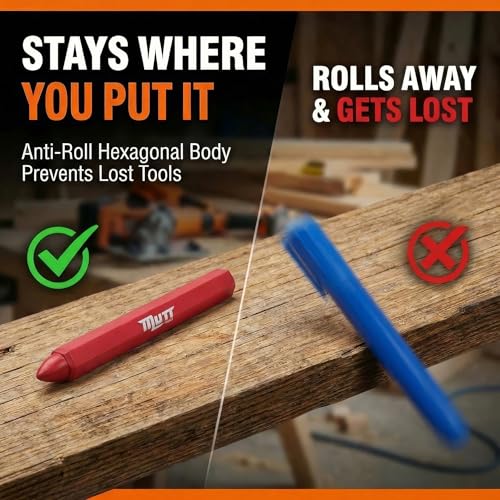 Mutt Tools Red Lumber Crayons 12 Pack - Construction Crayon | Red, 12 Pack, Wax Formula, Hexagonal Grip, High Visibility - color: Red