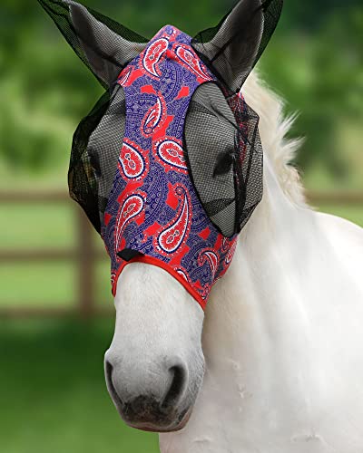 Harrison Howard Super Comfort Stretchy Fly Mask Large Eye Space with UV Protection Soft on Skin with Breathability Orange Paisley M Cob - color: Orange Paisley, size: Cob (Medium)
