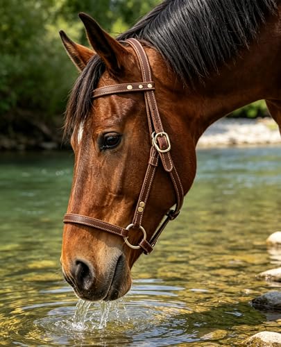 J7 Adjustable Full-Grain Leather Horse Halter with Breakaway Crown Padded Noseband & Cheek Straps Durable Everyday Halter for Training & Turnout