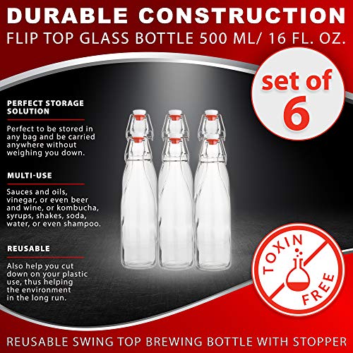 AYL Flip Top Glass Bottle [16 fl. oz./Pack of 6]– Swing Top Brewing Bottle with Stopper for Beverages, Oil, Vinegar, Kombucha, Beer, Water, Soda, Kefir – Airtight Lid & Leak Proof Cap – Clear - size: 16