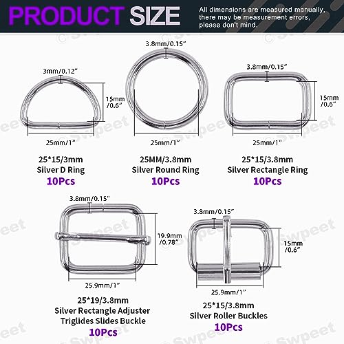 Swpeet 5 Style Metal Buckles - Adjustable Slide, D Ring, Circular Ring - color: Silver, size: 1 Inch