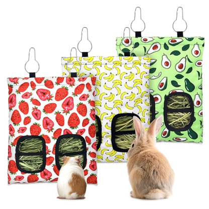 3 Pcs Rabbit Hay Feeder, 2-Hole Hanging Guinea Pig Hay Bags Washable Bunny Hay Bag for Rabbits, Chinchillas, Hamsters, Small Pets and Animals (11.8"×8.7") - color: Green,Red,Yellow