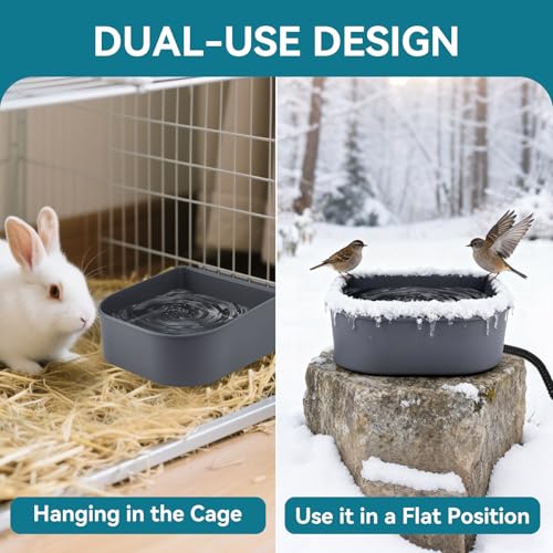 Hanging Heated Water Bowl for Cats/Rabbits/Chicken/Dogs, 34 OZ Thermal-Bowl Heated Small Water Dish for Outdoor Animals Hang on Cage - color: Grey