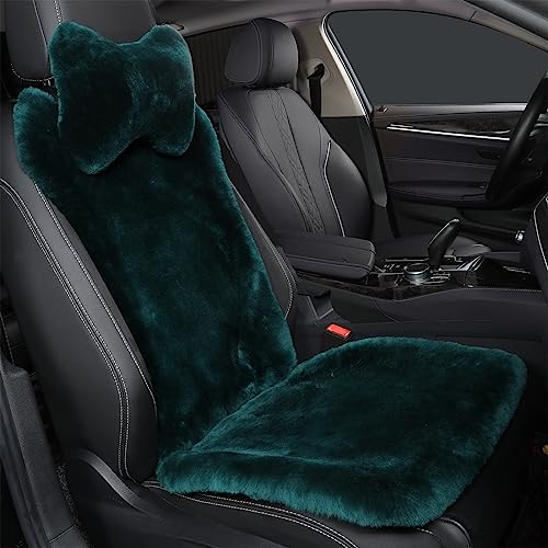 OGLAND Green Fuzzy Sheepskin Car Seat Cover | Soft Natural Fur Wool Cushion - color: Alpine Green