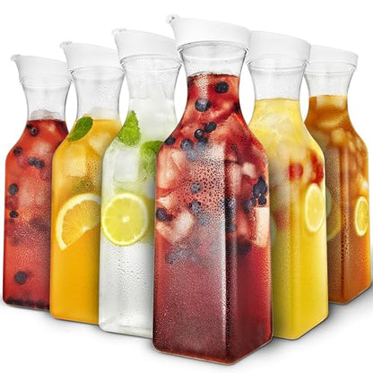 Plastic Juice Carafe with Lids (Set of 6) 50 oz Carafes for Mimosa Bar, Drink Pitcher with Lid, Water Bottle, Milk Container, Clear Beverage Containers for Fridge, Pantry Storage, Square Pitchers - size: Set of 6