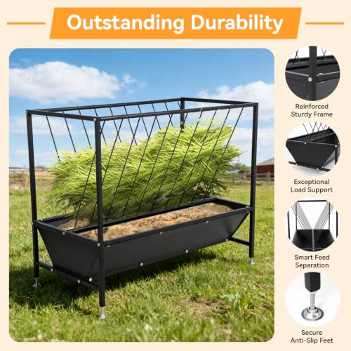 70 Gallon Pasture Hay Feeder, Heavy-Duty 2-in-1 Livestock Feeder with Grain Trough, Galvanized Steel Hay Rack for Goats, Sheep, Calves and Miniature Horses