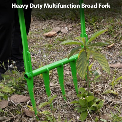 56'' Heavy Duty Broadfork for All the Soils, Detachable Pitchfork, 5 Sharp Cambered 11'' Tines Bord Fork Garden Tool, Ergonomic Handles, Good Package, Easy Assembly, Cultivator & Tiller, Green.