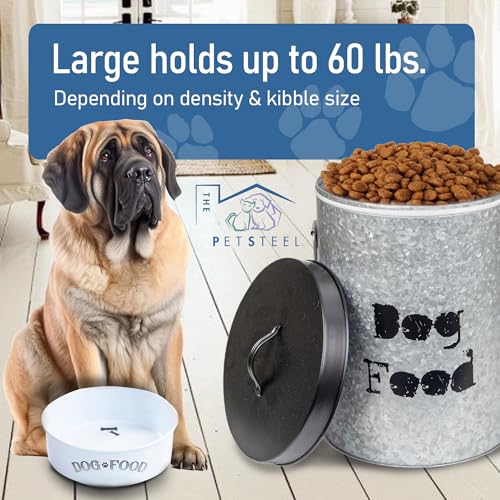 Large Dog 60lb Pet Food Storage Canister or Dog Bin with Scoop – Durable & Airtight for Freshnesss, Minimalist Design & Recyclable, Huge Large Metal Container - size: Large Dog 60lb