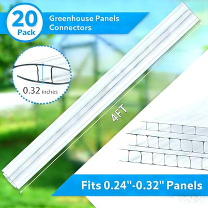 10-Pack 4ft Greenhouse Polycarbonate H-Channel Connectors, Heavy-Duty Twinwall Panel Joiners for 0.24” and 0.32” Panels, Weather Resistant Design, Includes 20 Screws and Work Gloves - size: 4' × 2.16’’ × 0.32’’
