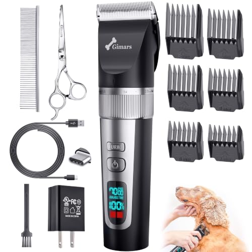 Gimars Professional 7000rpm Low Noise 55db Cordless Rechargeable Dog Clippers, 3.0 Motor Powerful Dog Long Hair Trimmer Grooming Shaver Kit, Home Electric Pet Hair Clippers for Cat, Horse - color: Silver