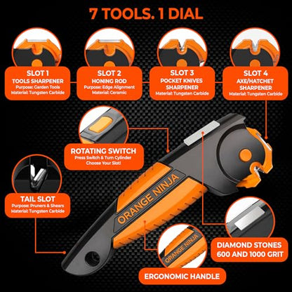 Orange Ninja 7-in-1 Garden Tool & Knife Sharpener- One Tool for Every Blade | Sharpens Axes, Hatchets, Machetes, Pruners & Shears in Minutes - Fits Your Camping Gear & Everyday Carry - Gift for Gardeners - size: Small