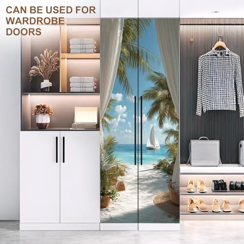 Tropical Window Curtain Beach Door Mural Peel Stick 30x79in Vinyl Decal - color: Colorful2219
