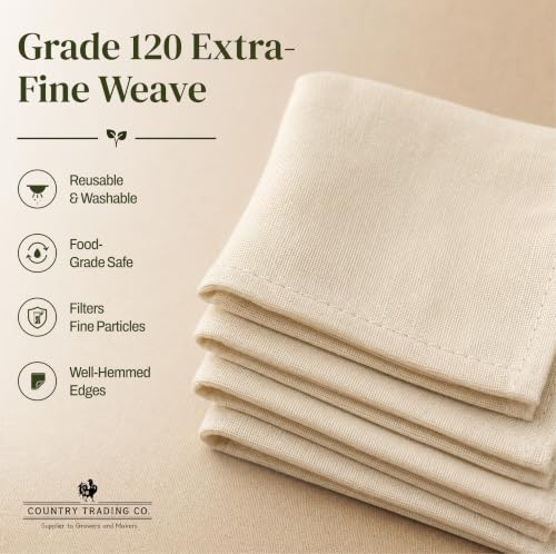 Country Trading Co. Organic Cheesecloth, Grade 120 Extra-Fine Weave, 2 Hemmed Squares, GOTS Certified Unbleached Cotton, Reusable Straining Cloth for Cheese, Nut Milk, Yogurt & Kombucha - size: 2.8 sq ft (2pcs)