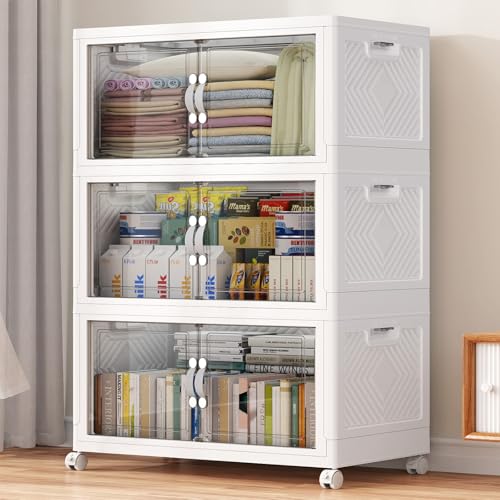 BROVIEW 300QT Large Stackable Storage Bins with Clear Doors, V20 3Pack | 75Gal Plastic Closet Organizer Cabinet with Lid and Wheels, Collapsible Latch Box Folding Drawer for Home, White - size: 100QT-3Pack