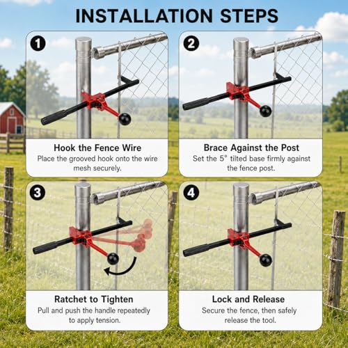 YouTeMei 2 Pcs Fence Stretcher Tool, Ratcheting Wire Fence Tightener, Heavy Duty Fence Tensioner Tool with Ratchet Range, Non-Slip Hook, for Farm, Ranch, Garden & Yard Fence