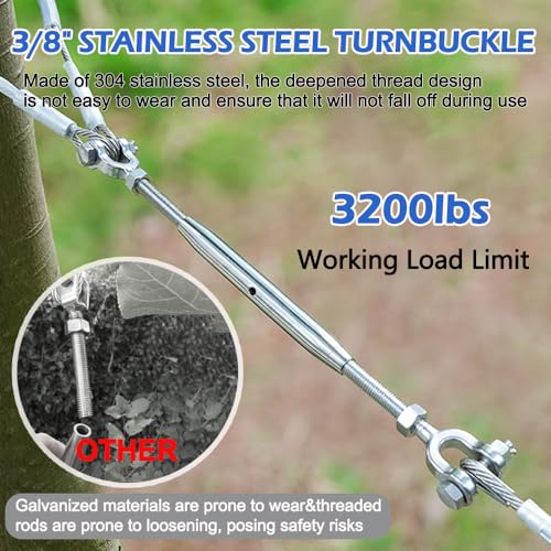 Turnbuckle, 2 Pack 3/8 (M10) 304 Stainless Steel Turnbuckle, 3,200 lb WLL - size: 3/8in （2pcs）
