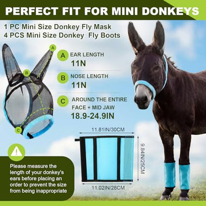Mini Donkey Fly Mask with Ears and 4 Set Donkey Fly Boots Mule Leggings, Breathable Stretchy Mule Leg Wraps Mask Boots with Mesh Eye Covers from Insects and Bugs with Adjustable - color: Blue
