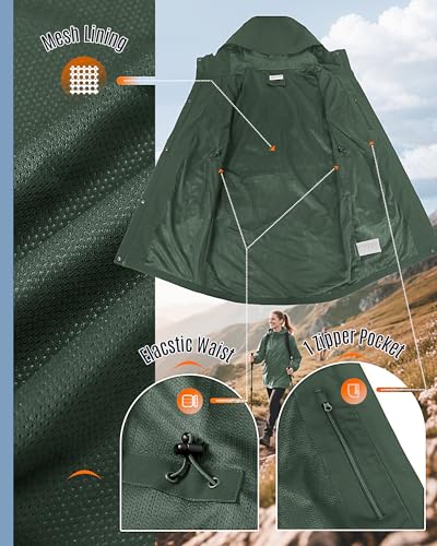 33,000ft Women's Waterproof Rain Jackets Long Rain Coats with Hood - color: Dark Green, size: Large
