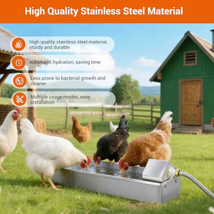 Automatic Chicken Waterer Dispenser 1 Gallon Large Stainless Metal Poultry Waterer Feeder Hanging Chicken Watering System with Float Valve Hose Kit for Pigeon Duck Goose Turkeys for Chicken Coop