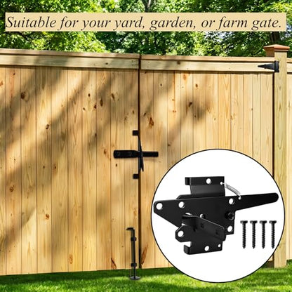 Tebery Self-Locking Gate Latch Heavy Duty, Automatic Post Mount Door Gate Lock for Fence, Weatherproof Steel Yard Gates Latch Hardware for Garden, Barn, Farm, Outdoor Fences, Black