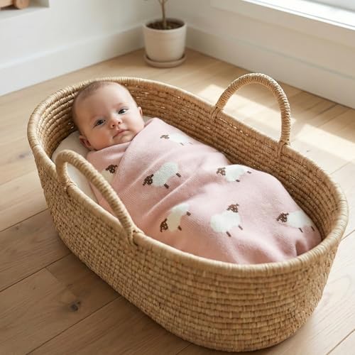 Luxury Knit Baby Receiving Blanket - 100% Cotton Soft Cozy Lightweight Receiving Swaddler Blanket for Shower Gift Registry for Newborns Infants Toddlers (Sheep - Light Pink) - color: 03- Sheep - Light Pink