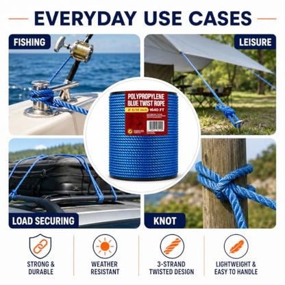Heavy Duty PP/Polyester/Nylon Rope on Spool, Blue, 5/16inX1640FT | Weather-Resistant & Waterproof for Pool, Marine, Boating, Camping, Household, Towing, Construction & Rigging Applications - color: Blue, size: 5/16in X 1640FT