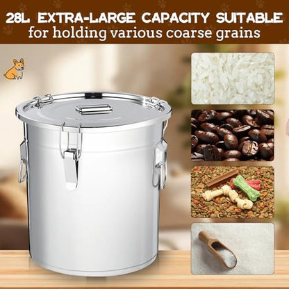 Lounsweer 2 Pack 8.9 Gal Stainless Steel Dog Food Storage Container with Lid and Locking Clamp 33 L Metal Airtight Container Large Stainless Steel Bucket with Food Scoop for Pet Feed - size: 33 L