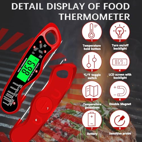 Cooking Thermometer，IP67 Waterproof Meat Thermometer Digital - color: Red