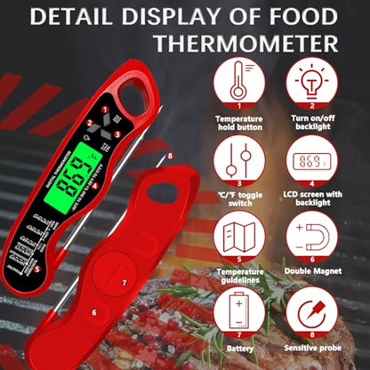Cooking Thermometer，IP67 Waterproof Meat Thermometer Digital - color: Red