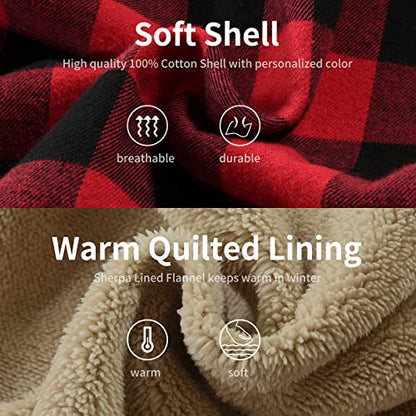 Men's Cotton Plaid Shirt Jacket Fleece Flannel Sherpa Button Down - color: Red Black, size: Small