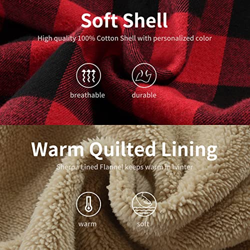 Men's Cotton Plaid Shirt Jacket Fleece Flannel Sherpa Button Down - color: Red Black, size: Medium