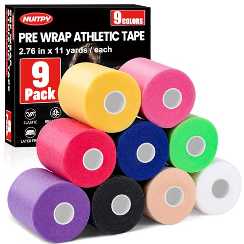 9 Pack Pre Wrap Tape, 9 Colors 2.76 Inch x 11 Yards Prewrap Athletic Tape - color: Blue,pink,purple,white,red,black,skin,green,yellow