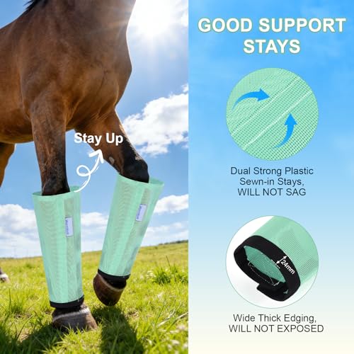 Fly Boots for Horses Set of 4, Loose Fitting Mesh Horse Fly Boots Leggings, Reduce-Stomping Adjustable Equine Leg Wraps & Socks, Stay Up Not Sag, No Rub (Mint) - color: Mint