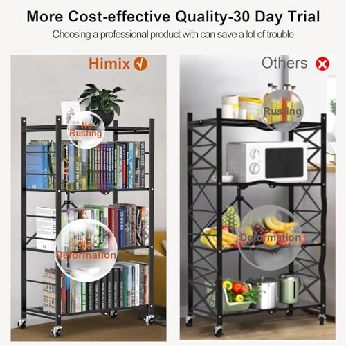 Himix 4-Tier Foldable Storage Shelf with Wheels 20 Hooks Black No Assembly - color: Black, size: 4-Tier