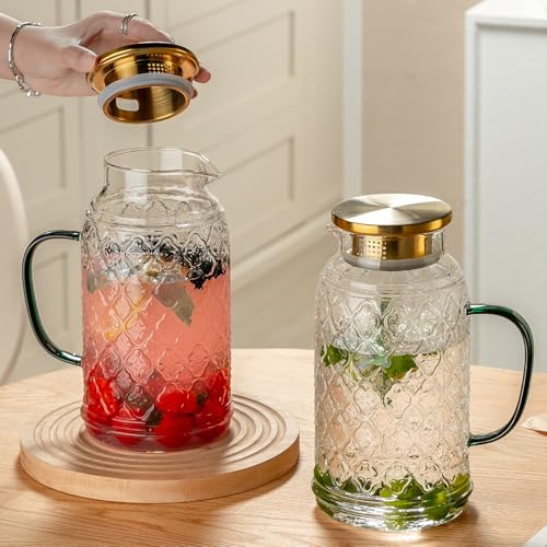 Buaic Glass Pitcher with Lid, 2 PACK 68 oz/2 Liter Vintage Water Pitcher - size: 2L-2PACK