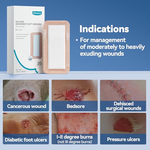 Dimora 20 Count Silicone Super Absorbent Wound Dressing - 4" x 8" Soft Gauze Pads for Bed Sores Leg Ulcers Post Surgical Incisions, Adhesive Wound Bandage with Gentle Border - size: 4"x 8" - 20 pcs
